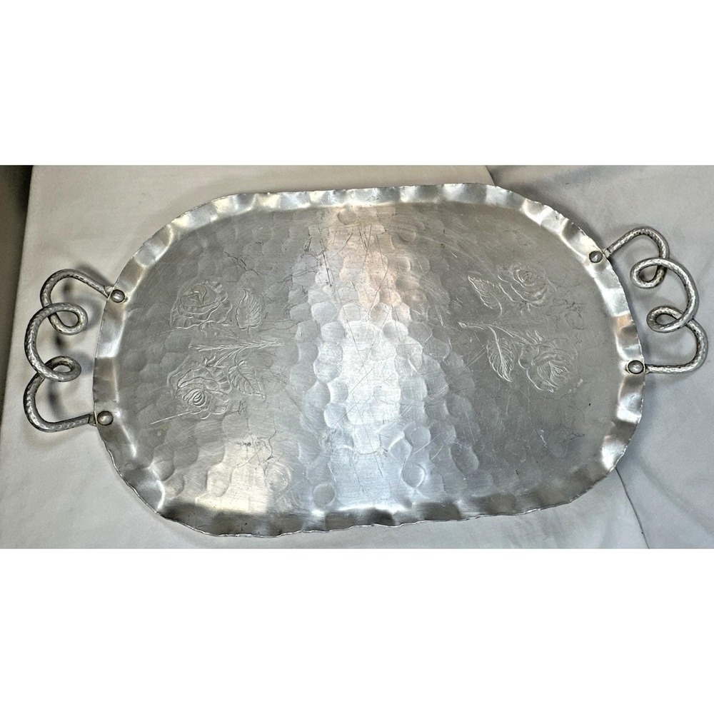 Vintage Aluminum Tray  Forged Hammered Floral Design  Serving Tray  USA